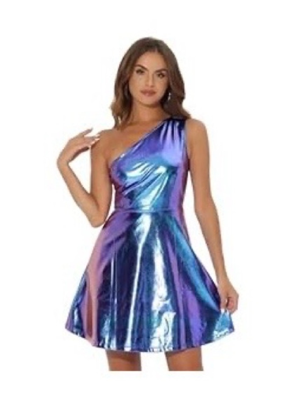 Allegra K Sparkle One Shoulder Holographic Metallic Dress - Blue/Purple - L